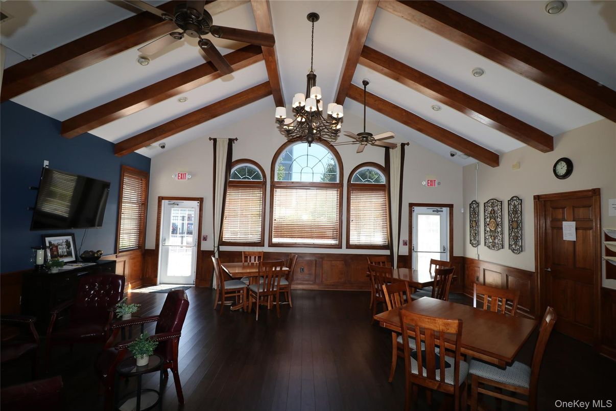 Chandelier, Dining room, Interior, Recessed Lighting, Wooden Beams, Wood Texture Flooring