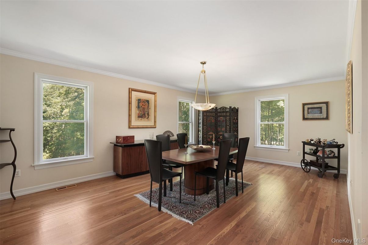 Dining room, Interior, Pendant Lights, Wood Texture Flooring