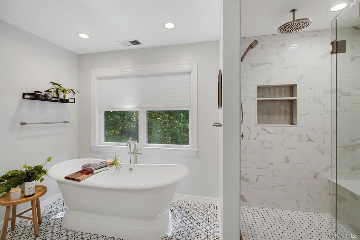 Bathroom, Free Standing Baths, Glass Shower, Interior, Marble Walls, Recessed Lighting