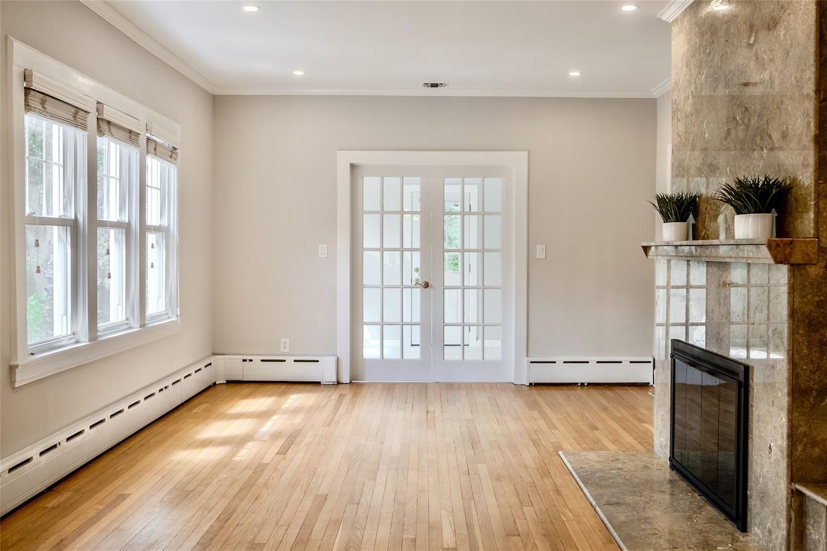 Empty room, Fireplace, Interior, Recessed Lighting, Wood Texture Flooring