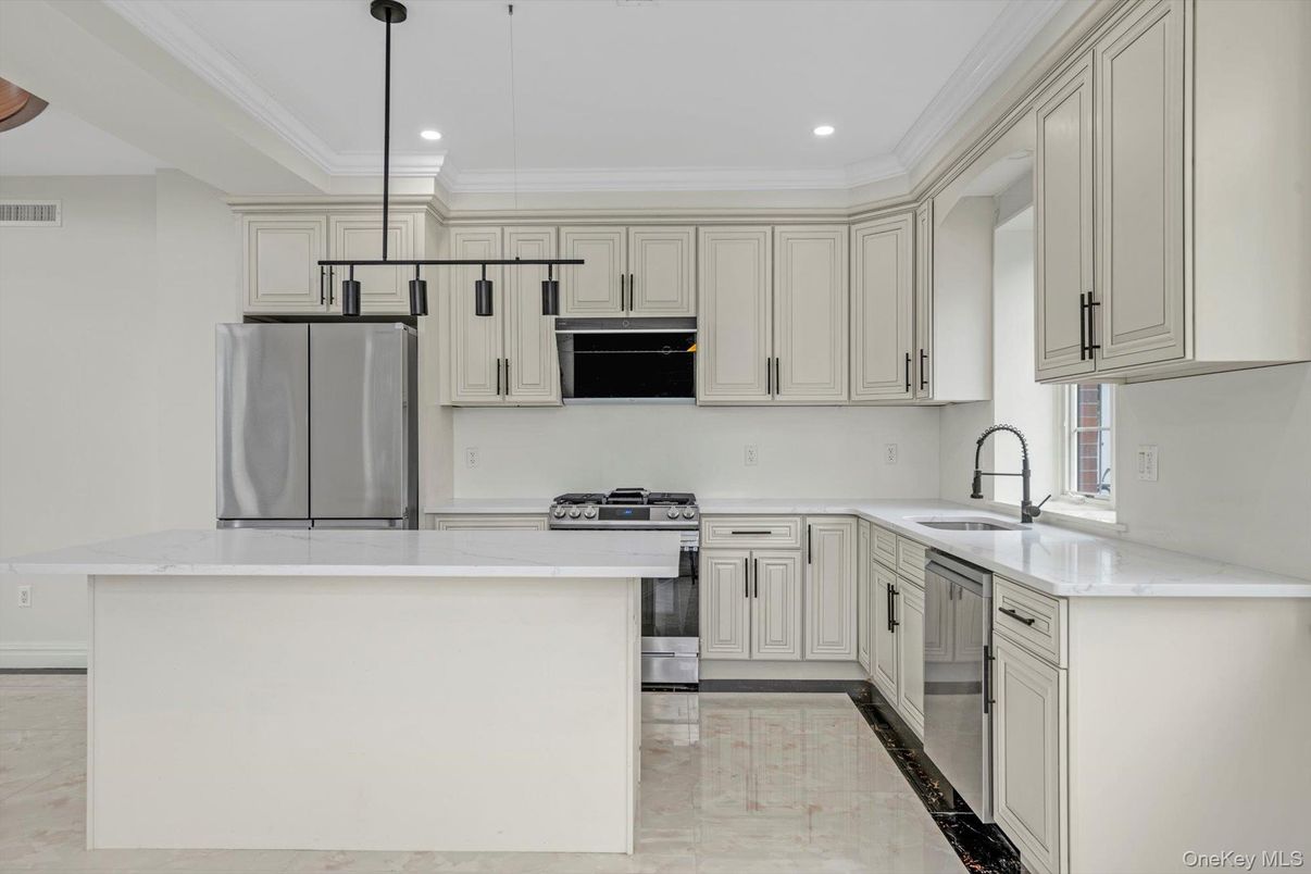 Interior, Kitchen, Marble, Pendant Lights, Recessed Lighting, Stainless Steel Appliances