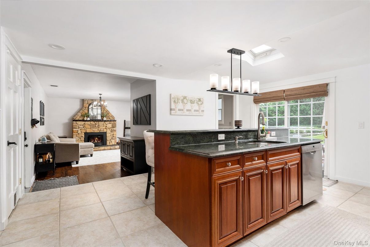 Chandelier, Fireplace, Interior, Kitchen, Living room, Pendant Lights, Recessed Lighting