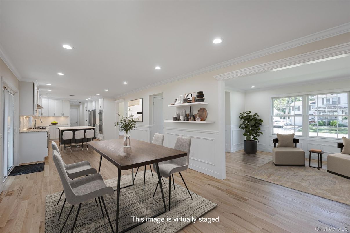 Dining room, Interior, Kitchen, Living room, Recessed Lighting, Wood Texture Flooring