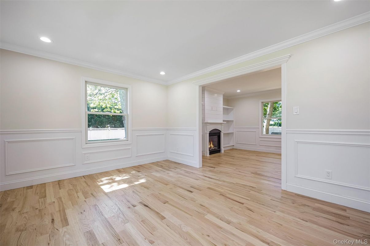 Empty room, Fireplace, Interior, Recessed Lighting, Wood Texture Flooring