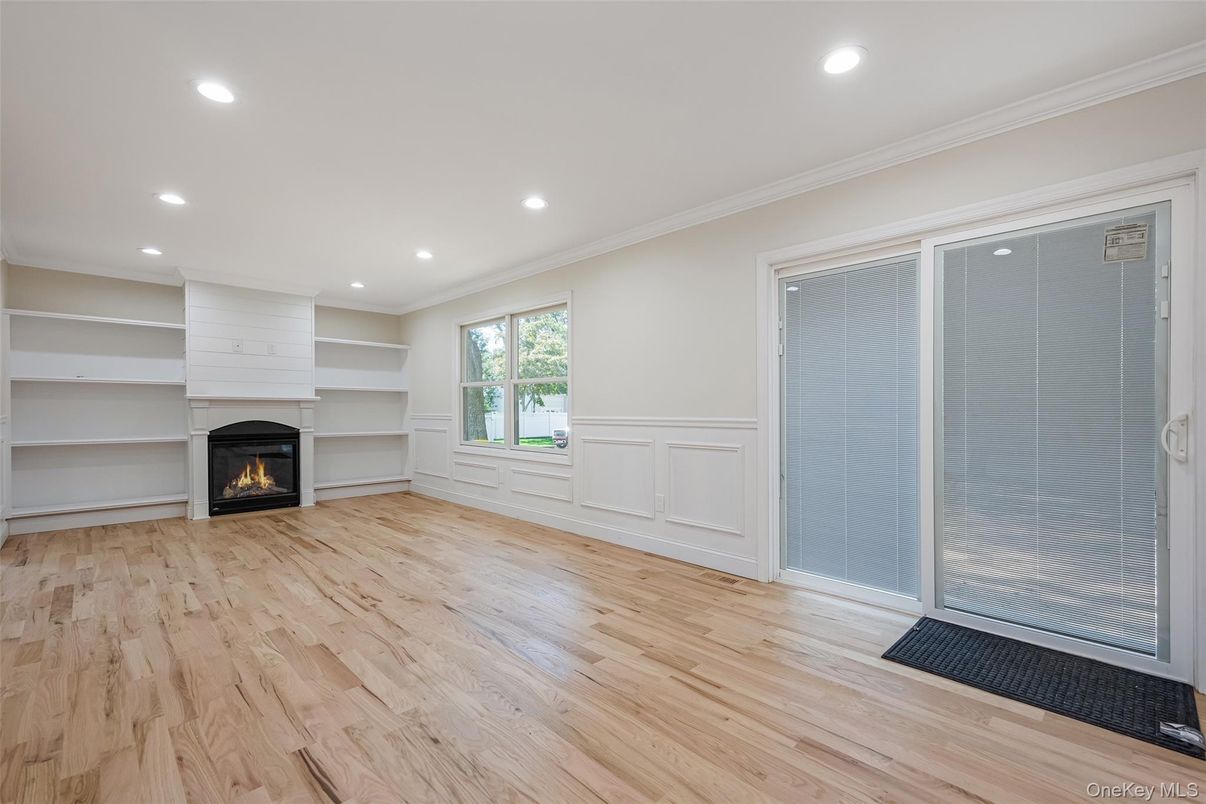 Empty room, Fireplace, Interior, Recessed Lighting, Wood Texture Flooring
