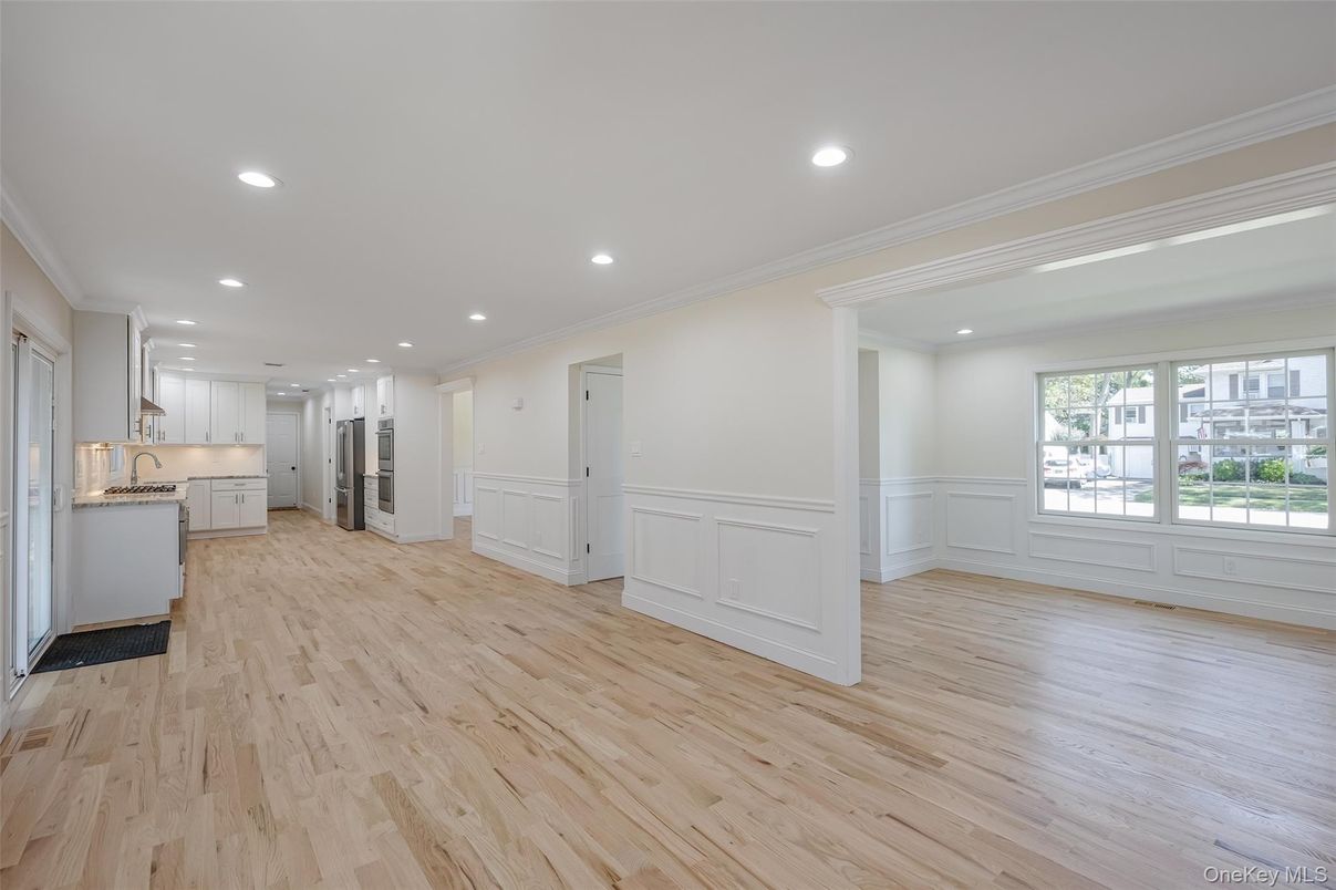 Empty room, Interior, Kitchen, Recessed Lighting, Wood Texture Flooring