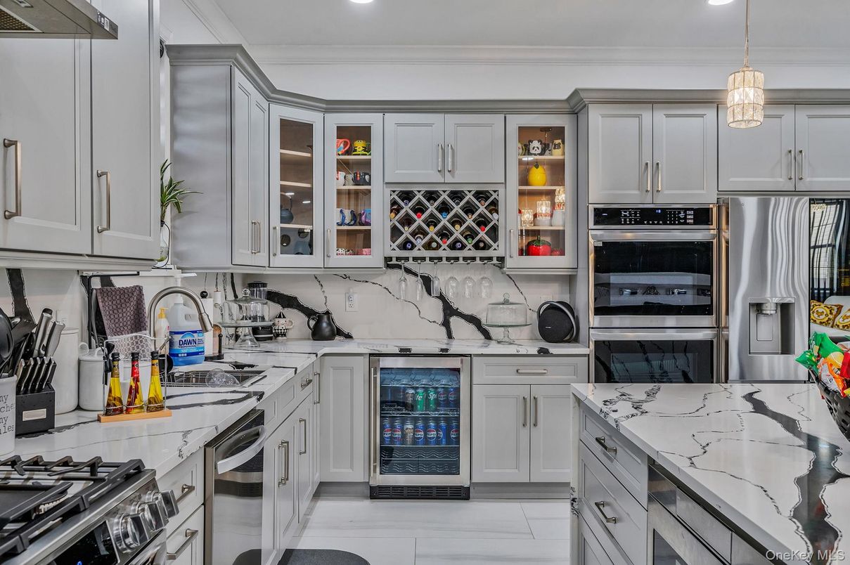 Interior, Kitchen, Marble, Pendant Lights, Recessed Lighting, Stainless Steel Appliances