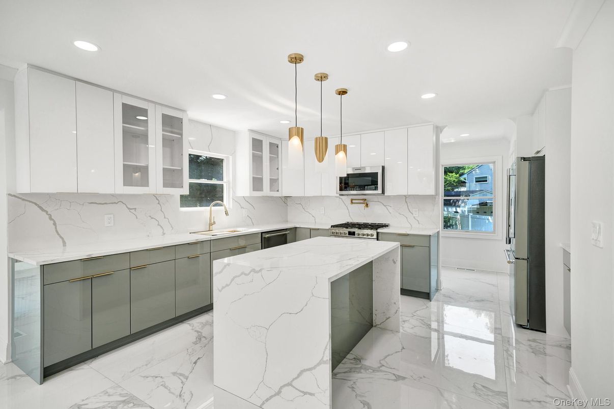 Interior, Kitchen, Marble, Marble Walls, Pendant Lights, Recessed Lighting, Stainless Steel Appliances