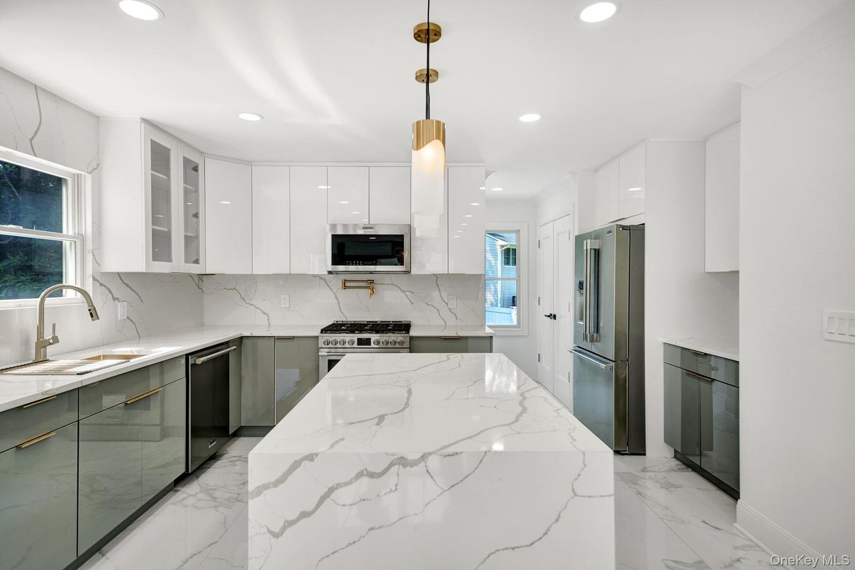 Interior, Kitchen, Marble, Marble Walls, Pendant Lights, Recessed Lighting, Stainless Steel Appliances
