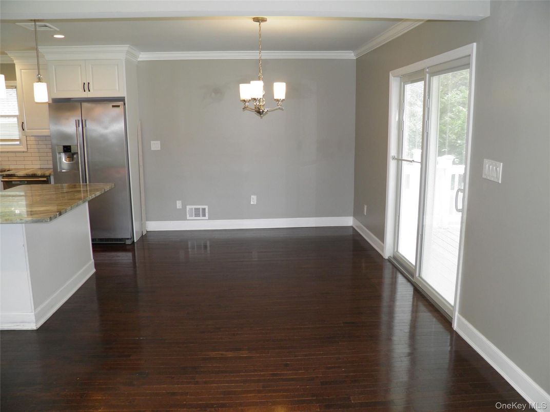 Chandelier, Empty room, Interior, Kitchen, Pendant Lights, Stainless Steel Appliances, Wood Texture Flooring