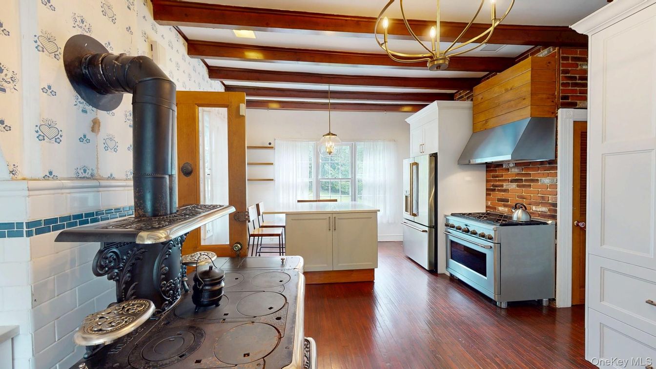 Interior, Kitchen, Pendant Lights, Stainless Steel Appliances, Wooden Beams, Wood Texture Flooring