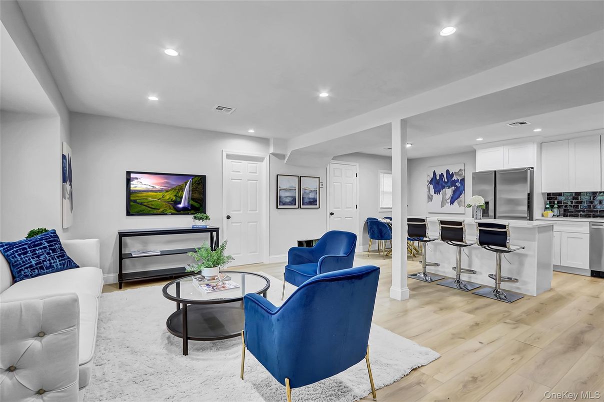 Interior, Kitchen, Living room, Recessed Lighting, Stainless Steel Appliances, Wood Texture Flooring