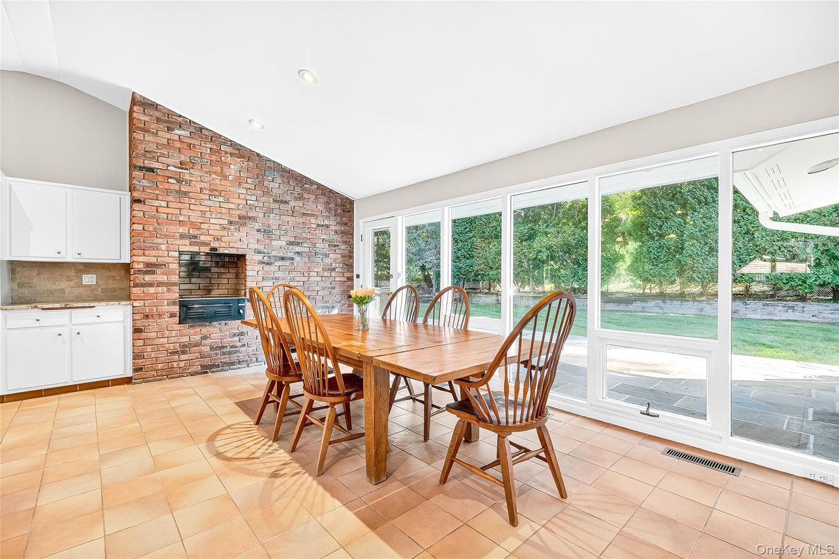 Dining room, Fireplace, Interior, Recessed Lighting, Stone Walls