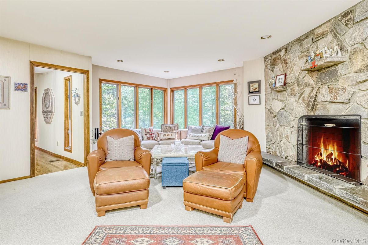 Fireplace, Interior, Living room, Recessed Lighting, Stone Walls