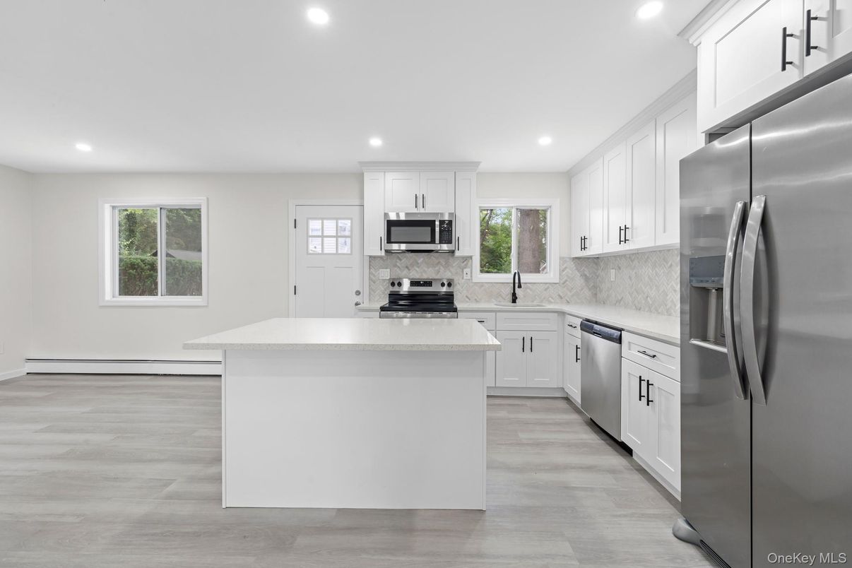 Interior, Kitchen, Recessed Lighting, Stainless Steel Appliances, Wood Texture Flooring