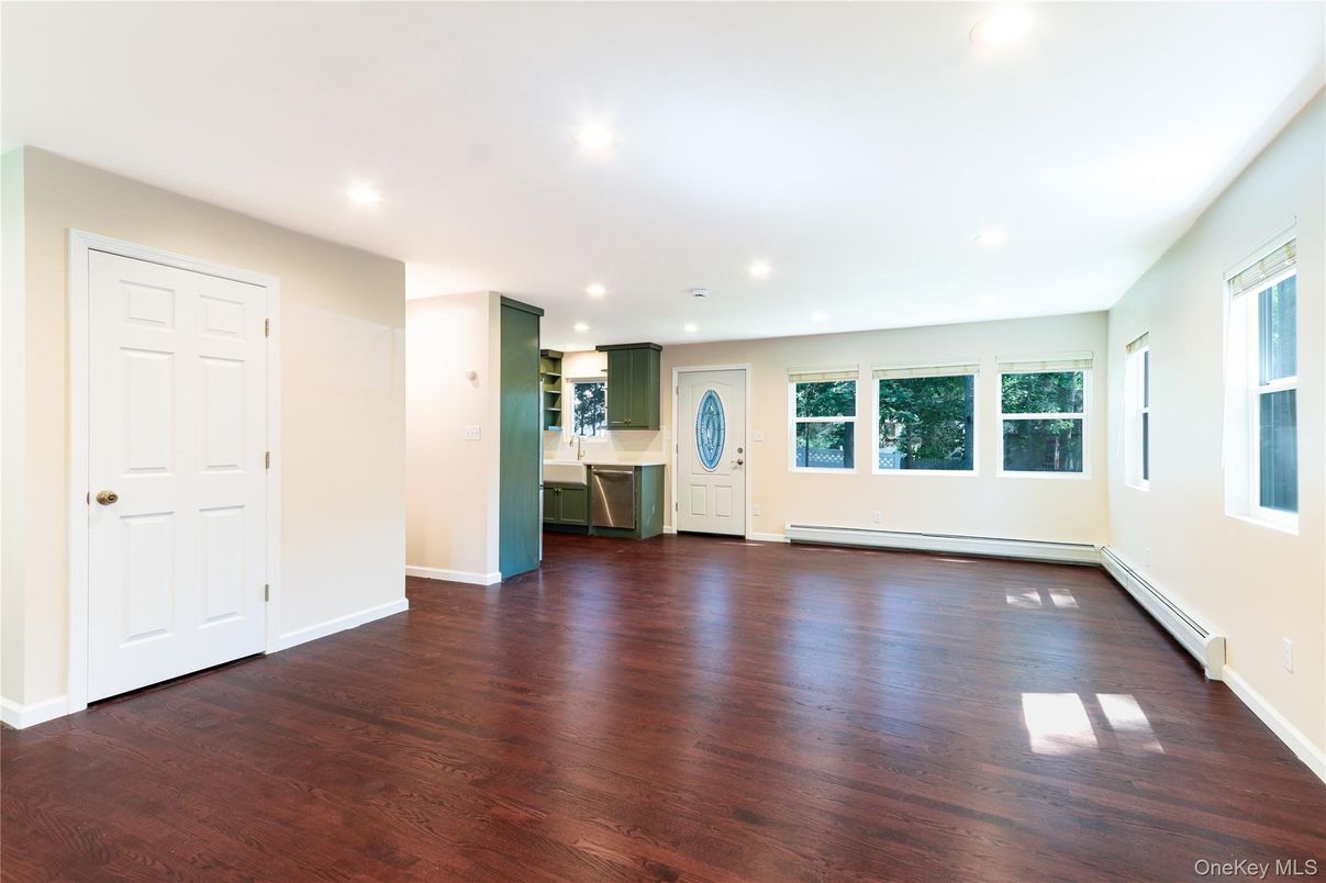 Empty room, Interior, Kitchen, Recessed Lighting, Wood Texture Flooring