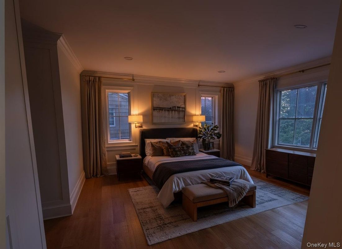 Bedroom, Interior, Recessed Lighting, Wood Texture Flooring