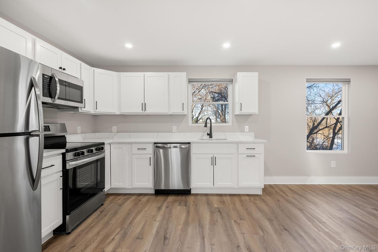 Interior, Kitchen, Recessed Lighting, Stainless Steel Appliances, Wood Texture Flooring