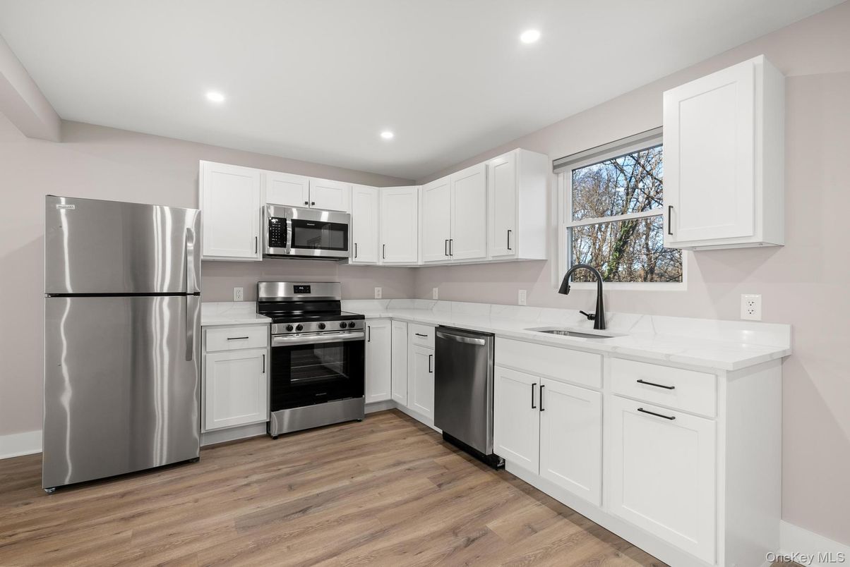 Interior, Kitchen, Recessed Lighting, Stainless Steel Appliances, Wood Texture Flooring
