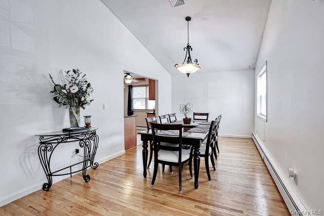 Dining room, Interior, Pendant Lights, Wood Texture Flooring