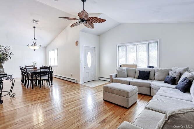 Dining room, Interior, Living room, Pendant Lights, Wood Texture Flooring