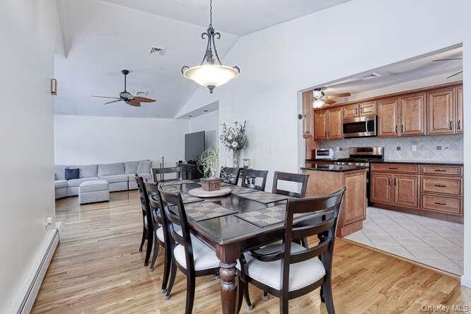 Dining room, Interior, Kitchen, Living room, Pendant Lights, Stainless Steel Appliances, Wood Texture Flooring