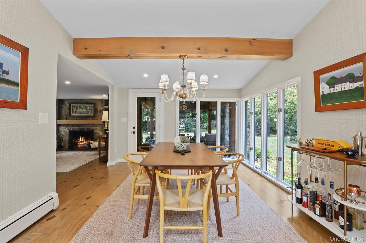 Chandelier, Dining room, Fireplace, Interior, Recessed Lighting, Wooden Beams, Wood Texture Flooring
