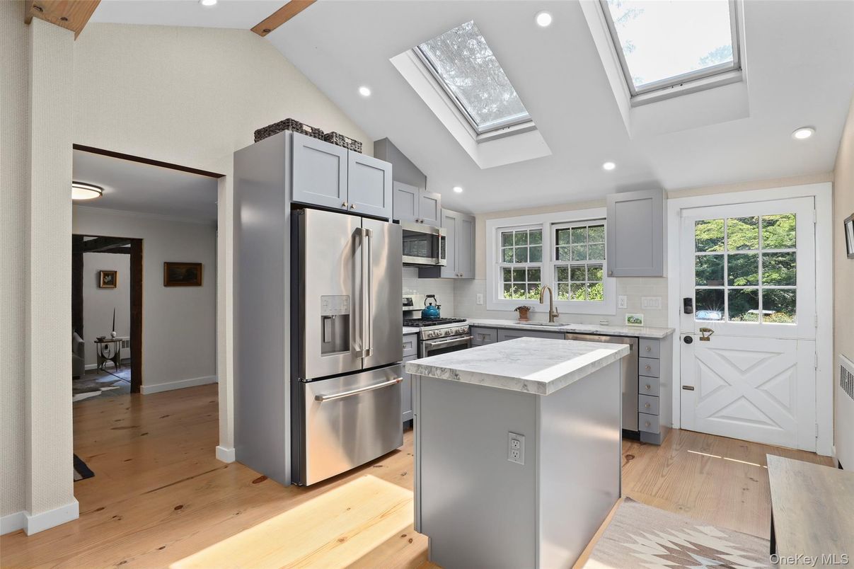 Glass Ceilings, Interior, Kitchen, Recessed Lighting, Stainless Steel Appliances, Wood Texture Flooring
