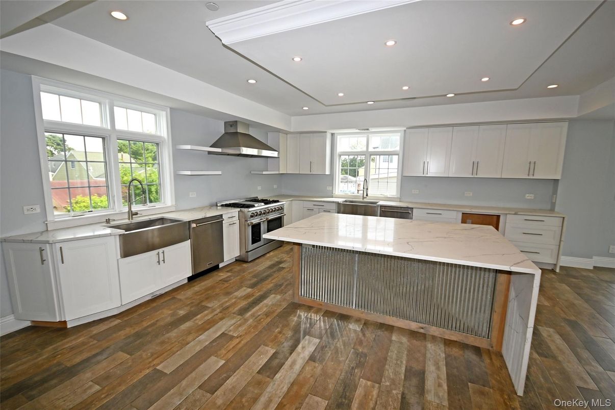 Interior, Kitchen, Recessed Lighting, Stainless Steel Appliances, Wood Texture Flooring