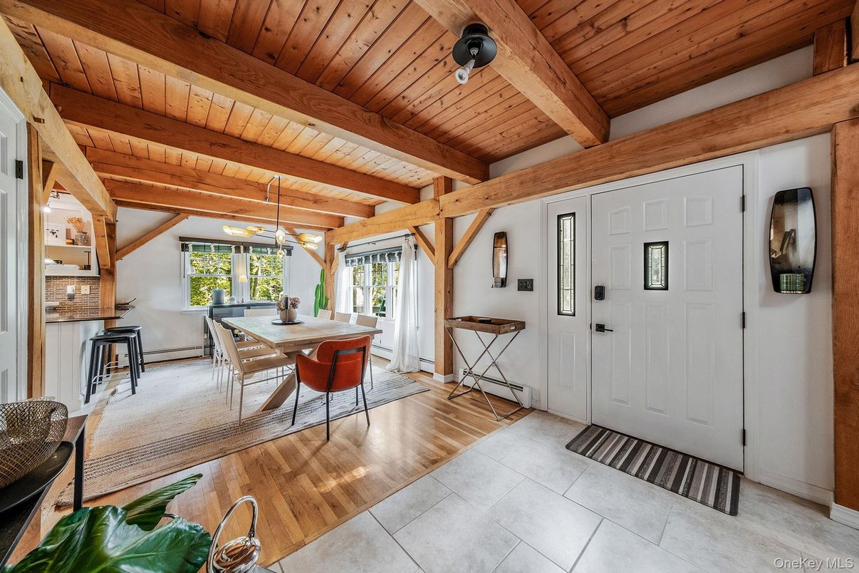 Dining room, Interior, Pendant Lights, Wooden Beams, Wooden Ceilings, Wood Texture Flooring