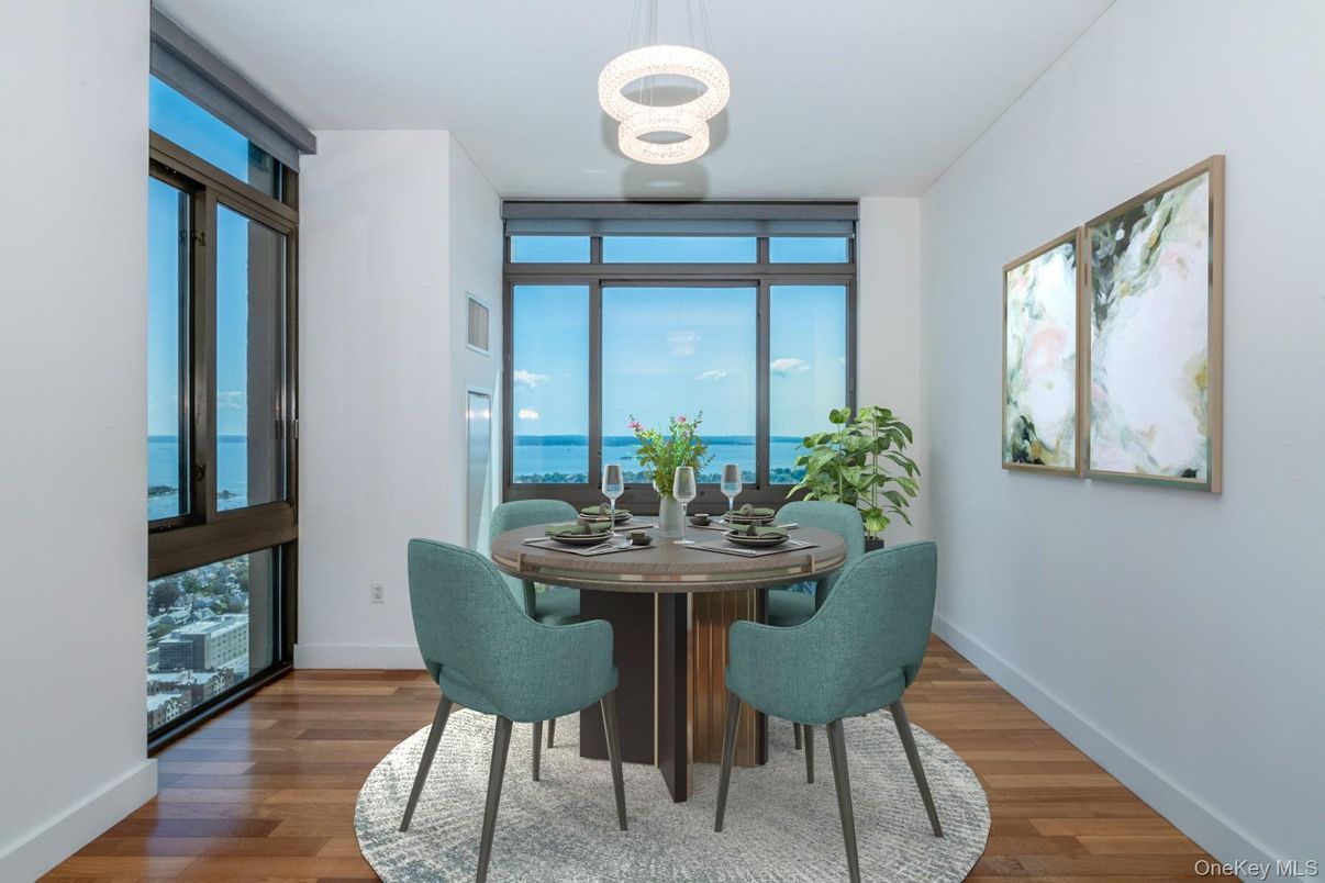 Dining room, Interior, Pendant Lights, Water, Wood Texture Flooring