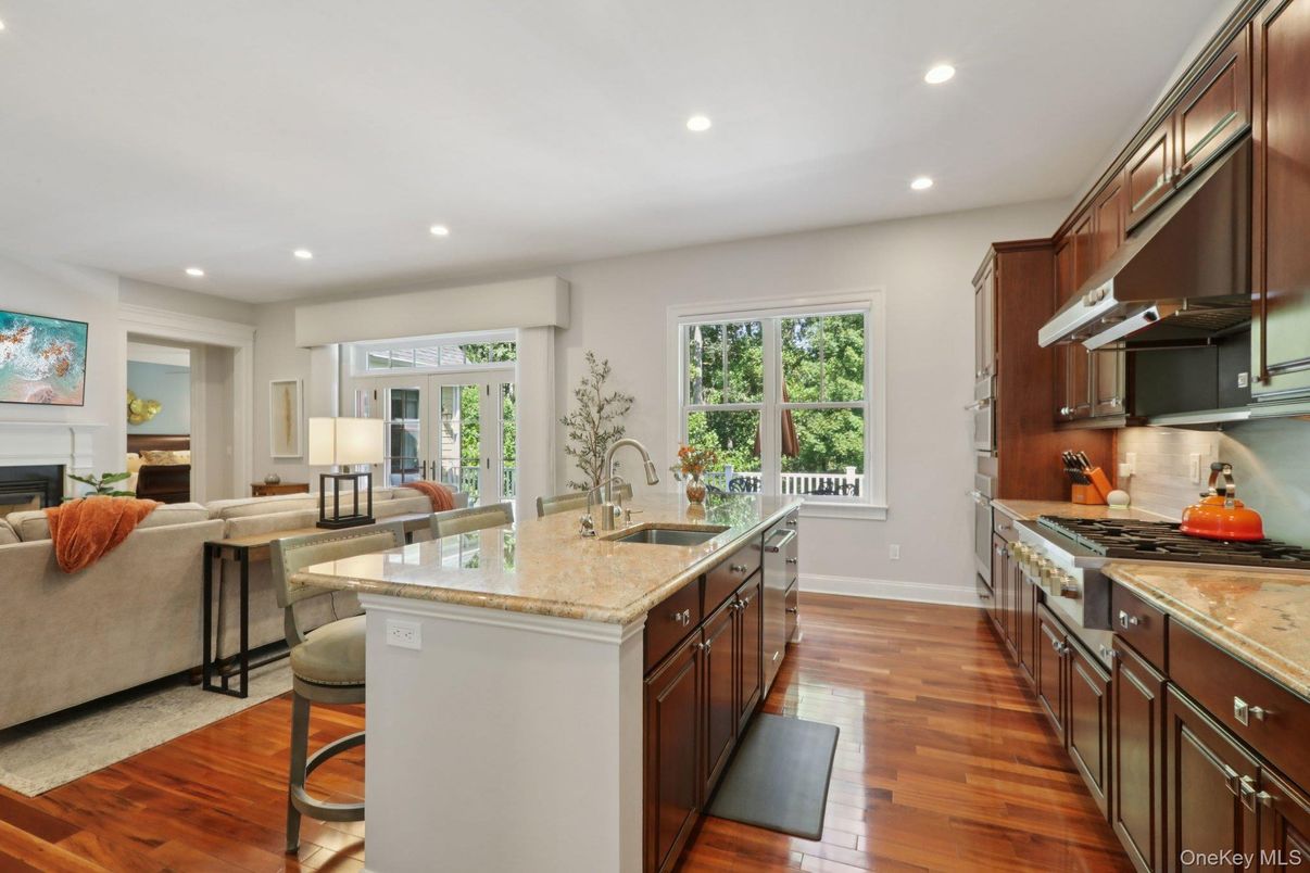 Fireplace, Interior, Kitchen, Living room, Recessed Lighting, Wood Texture Flooring