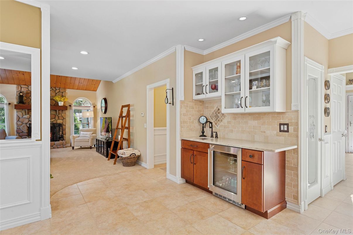 Fireplace, Interior, Kitchen, Recessed Lighting, Stainless Steel Appliances