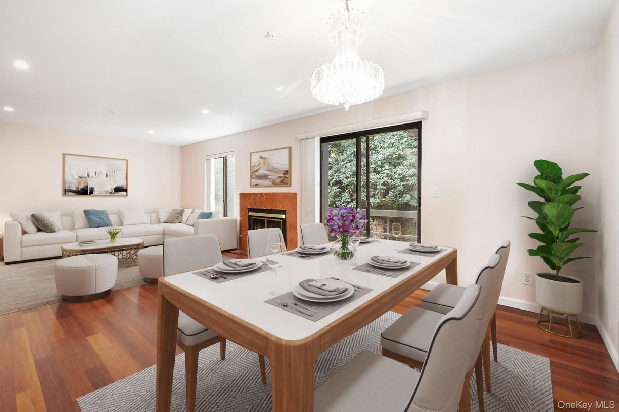 Chandelier, Dining room, Fireplace, Interior, Living room, Recessed Lighting, Wood Texture Flooring