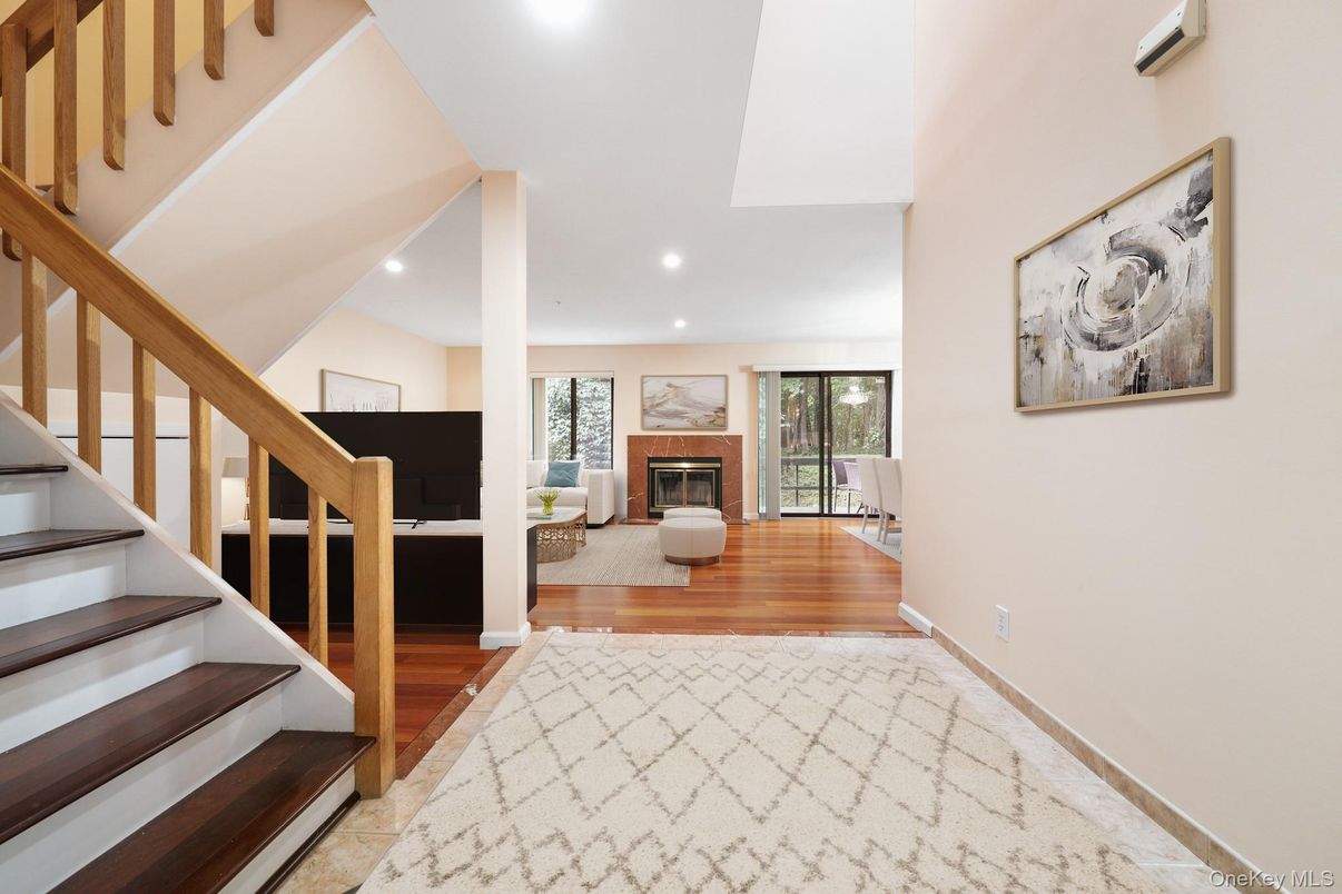 Fireplace, Interior, Living room, Recessed Lighting, Wood Texture Flooring