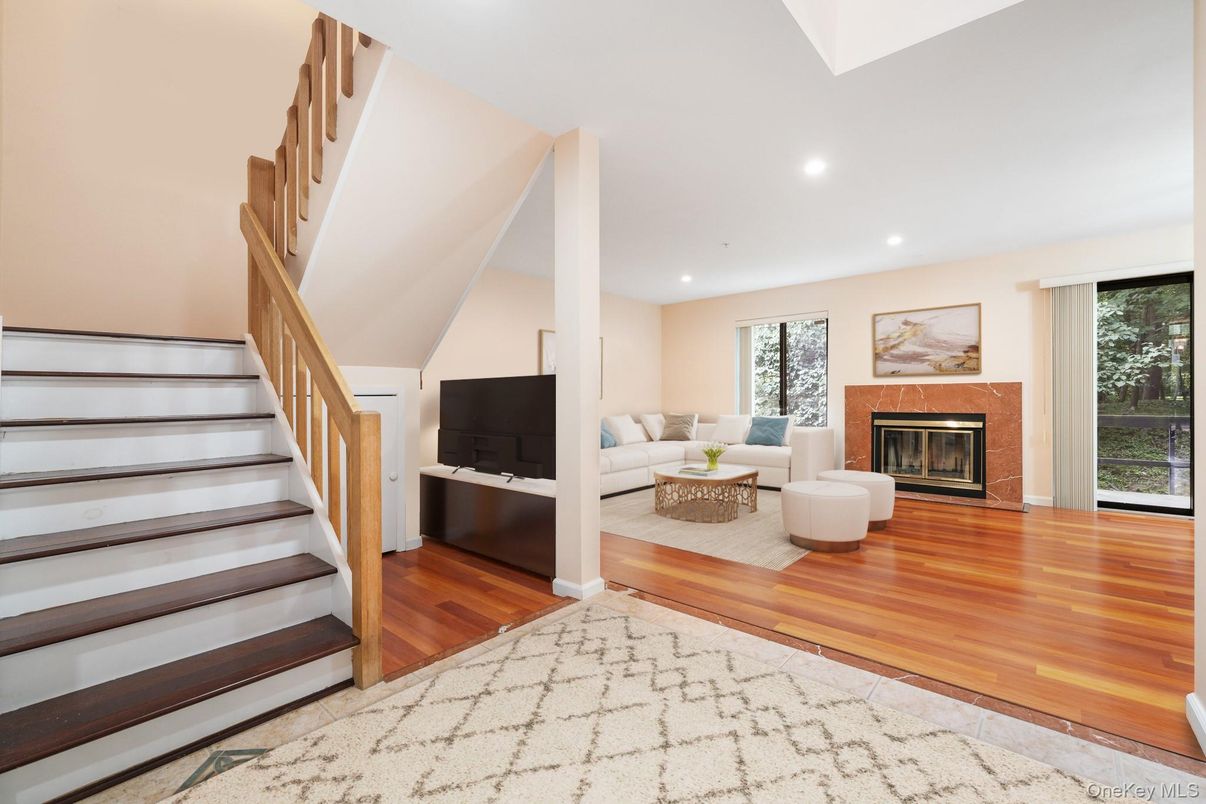 Fireplace, Interior, Living room, Recessed Lighting, Wood Texture Flooring
