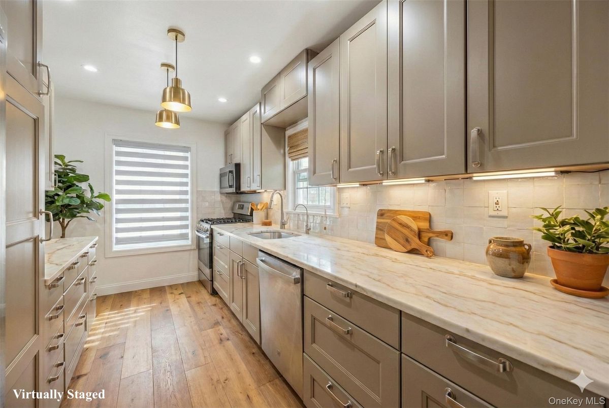 Interior, Kitchen, Pendant Lights, Recessed Lighting, Stainless Steel Appliances, Wood Texture Flooring