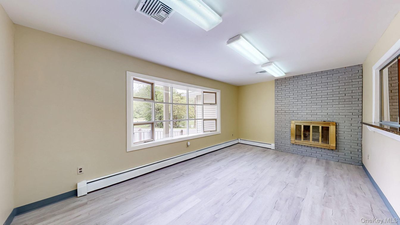 Empty room, Fireplace, Interior, Stone Walls, Wood Texture Flooring
