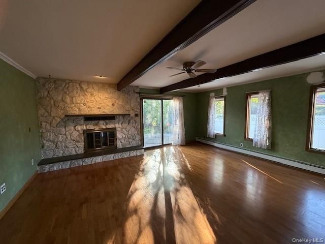 Empty room, Fireplace, Interior, Recessed Lighting, Stone Walls, Wood Texture Flooring