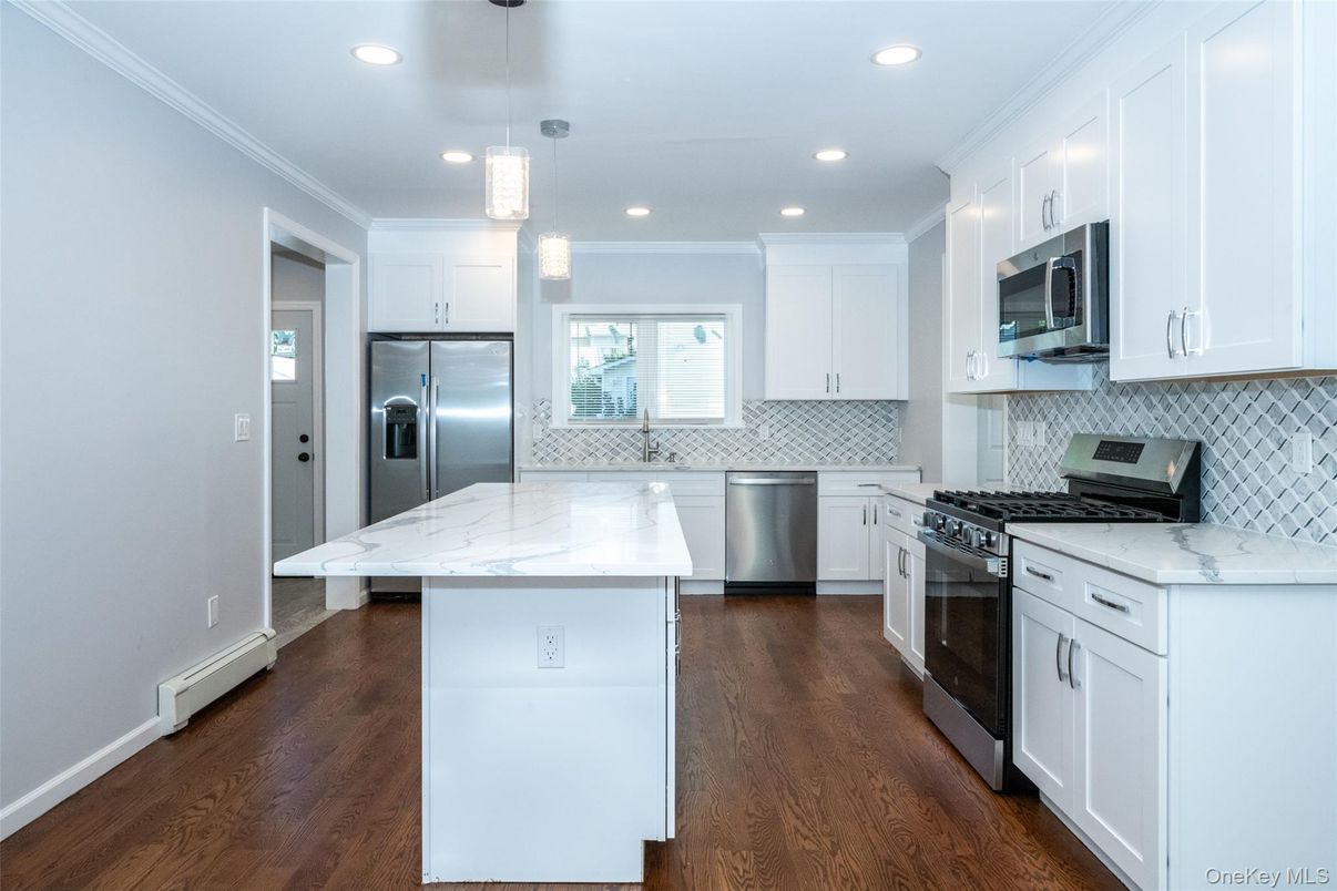 Interior, Kitchen, Pendant Lights, Recessed Lighting, Stainless Steel Appliances, Wood Texture Flooring