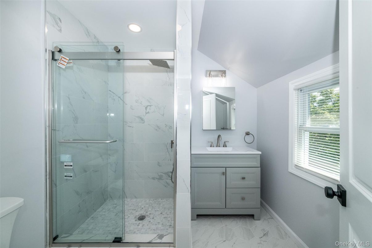 Bathroom, Glass Shower, Interior, Marble, Marble Walls, Recessed Lighting