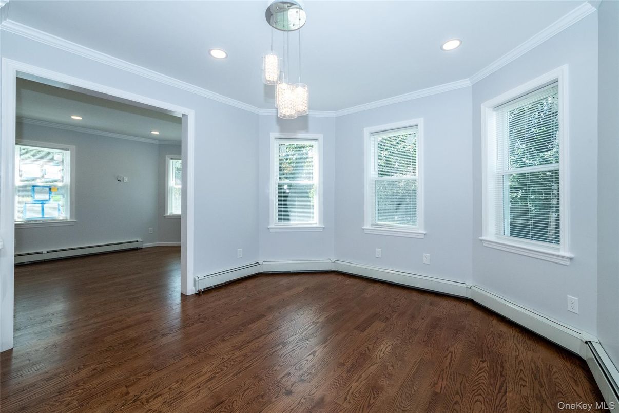 Chandelier, Empty room, Interior, Pendant Lights, Recessed Lighting, Wood Texture Flooring