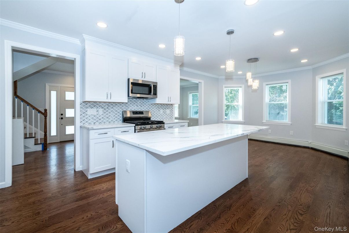 Interior, Kitchen, Pendant Lights, Recessed Lighting, Stainless Steel Appliances, Wood Texture Flooring