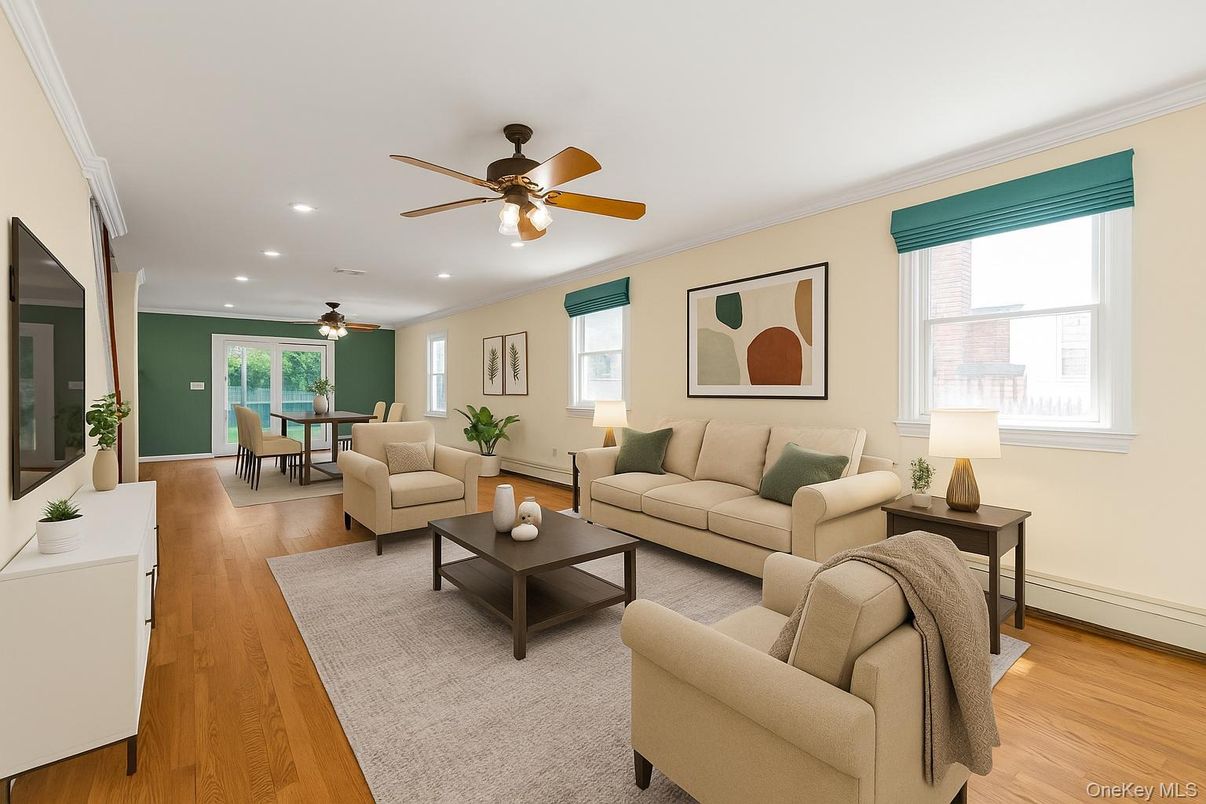 Dining room, Interior, Living room, Recessed Lighting, Wood Texture Flooring