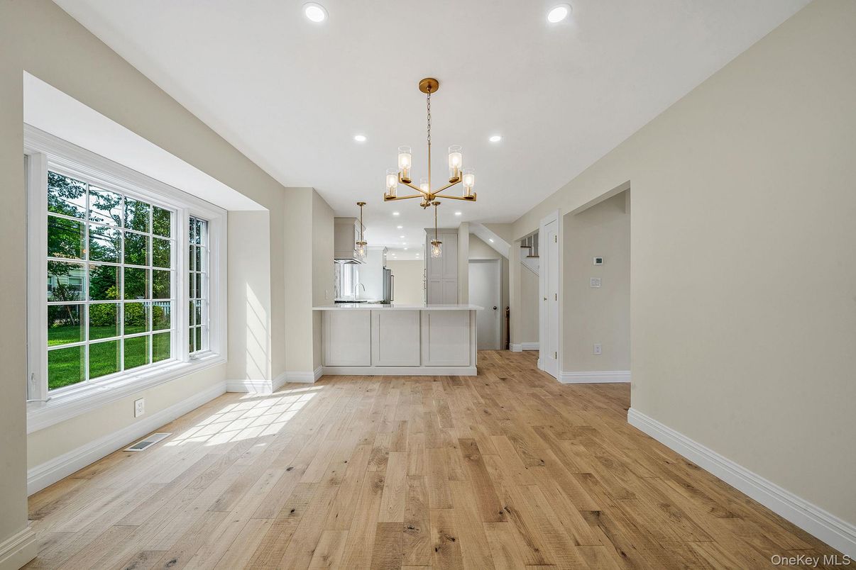 Empty room, Interior, Kitchen, Pendant Lights, Recessed Lighting, Wood Texture Flooring