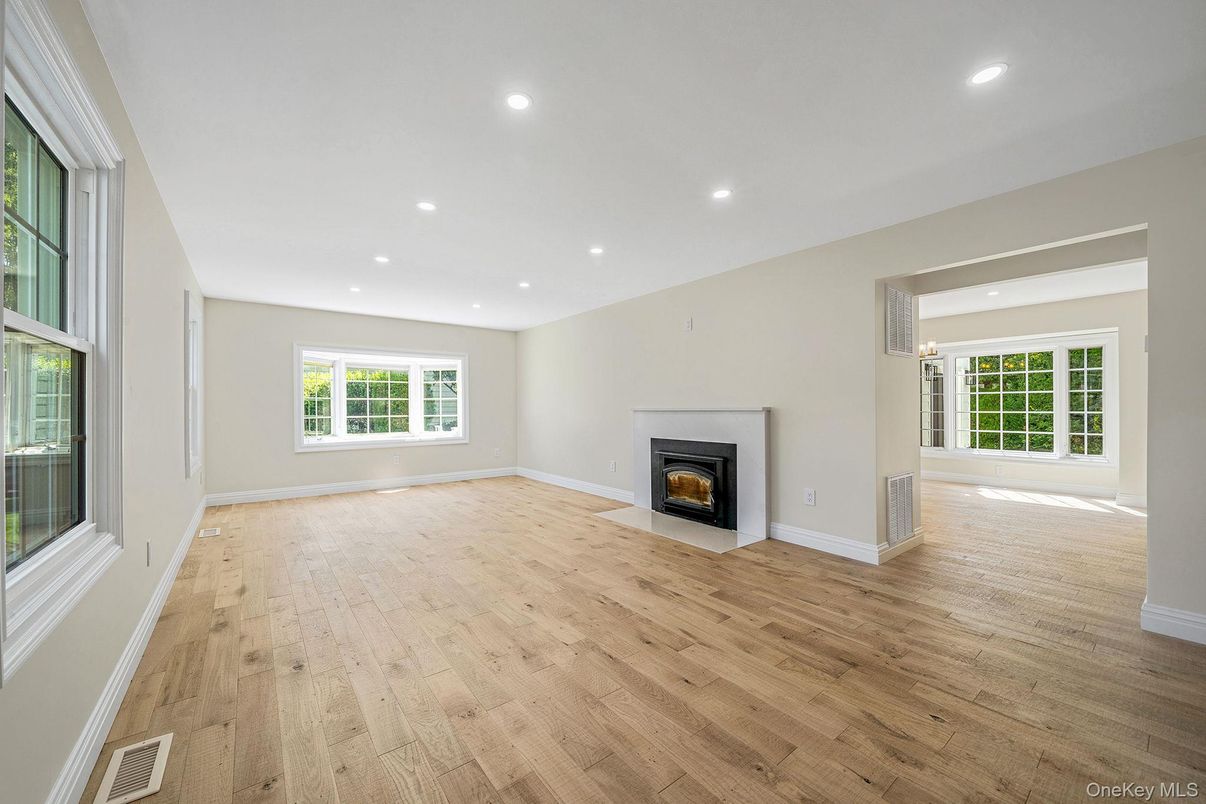 Empty room, Fireplace, Interior, Recessed Lighting, Wood Texture Flooring
