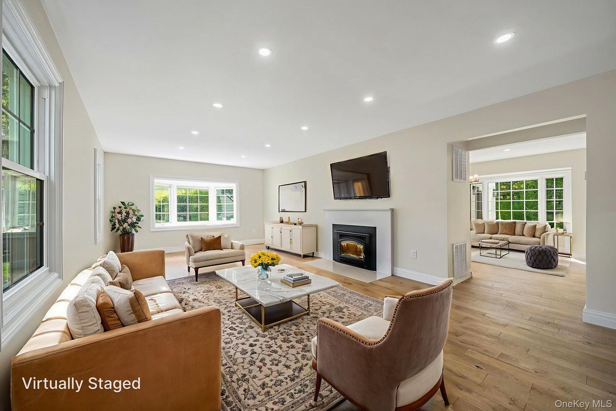 Fireplace, Interior, Living room, Recessed Lighting, Wood Texture Flooring