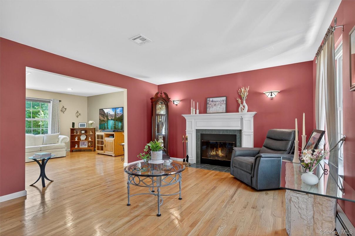 Fireplace, Interior, Living room, Recessed Lighting, Wood Texture Flooring