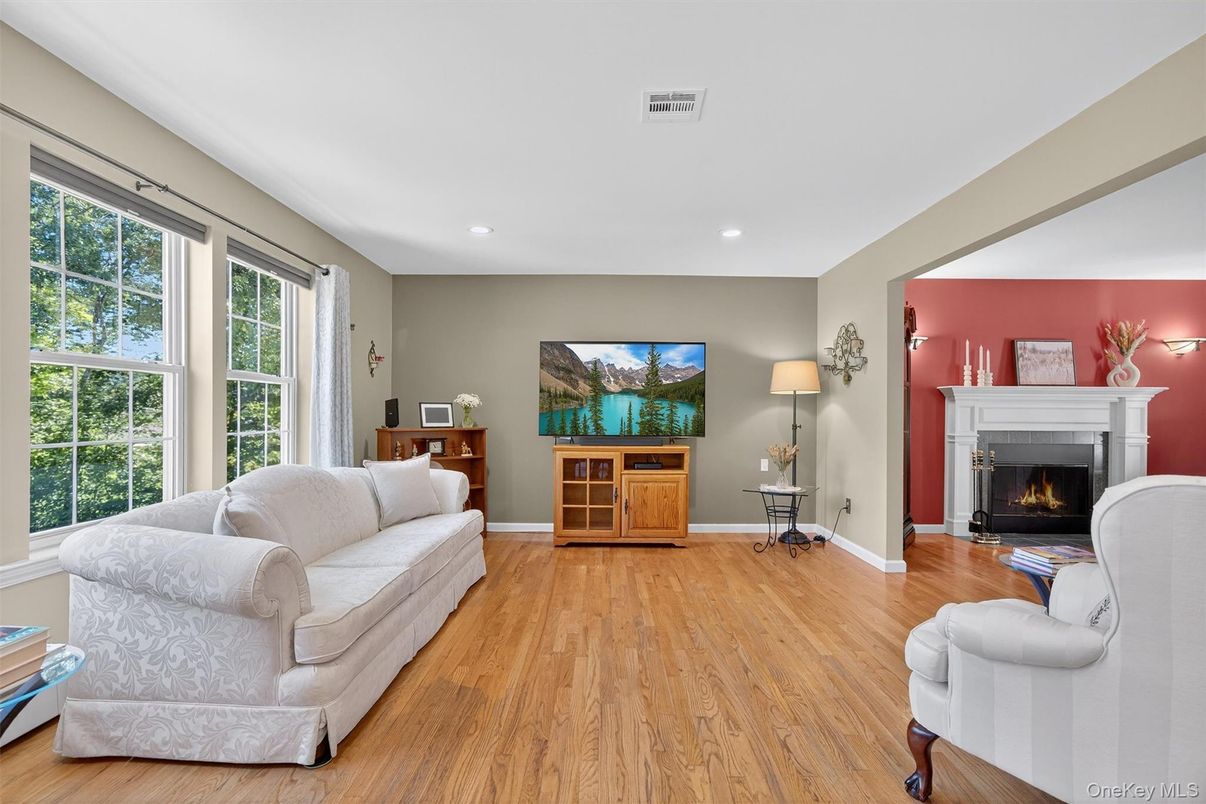 Fireplace, Interior, Living room, Recessed Lighting, Wood Texture Flooring