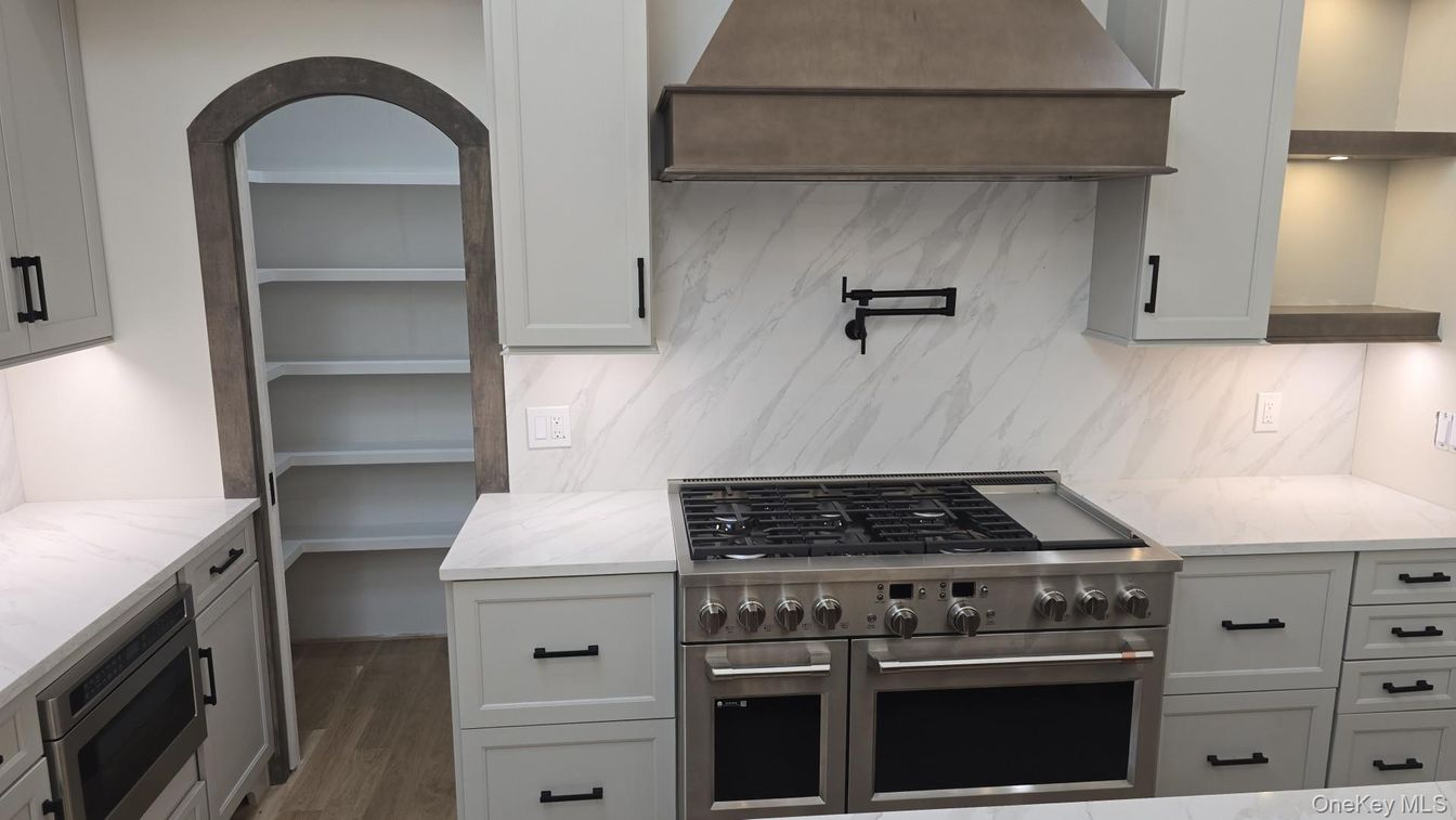 Interior, Kitchen, Marble Walls, Stainless Steel Appliances, Wood Texture Flooring